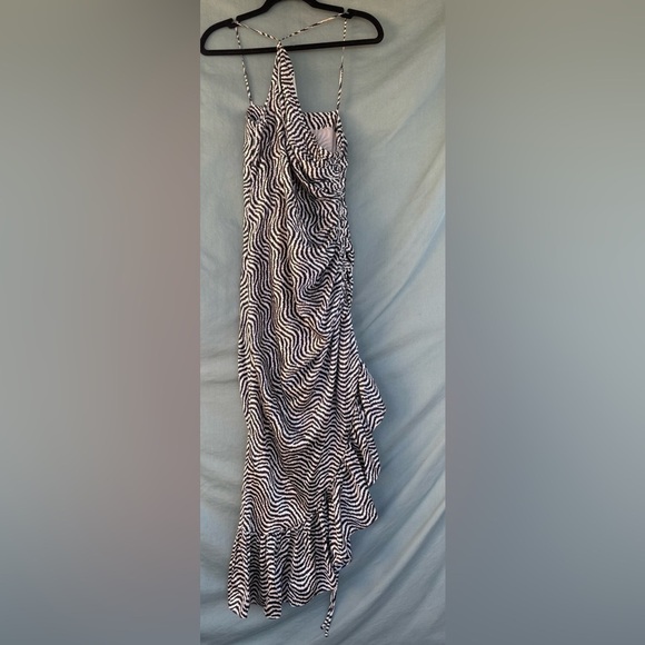 NWT Cinq A Sept Ruffled 100% Silk Midi Dress Sz 4 New Black White Asymmetric Hem - Picture 2 of 13